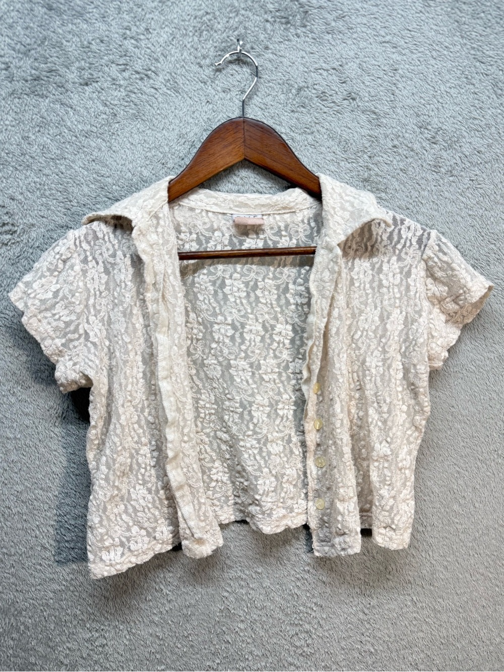 E.Y.E Cream Sheer Floral Lace Button Up Shirt Short Sleeve Blouse